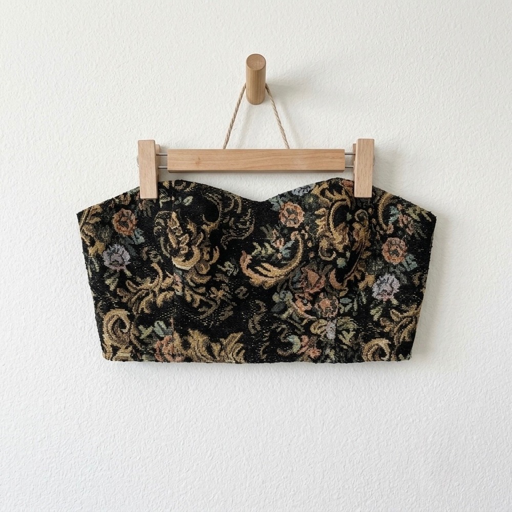 Staring at Stars Romantic Black Floral Tapestry Bustier Crop Top Small Festival